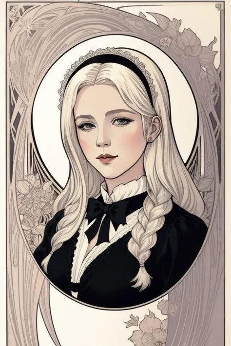 1woman, <lora:Nouveau_last:1>, Art Nouveau Style, heavy ink lines, portrait, masterpiece, french maid, platinum blonde hair