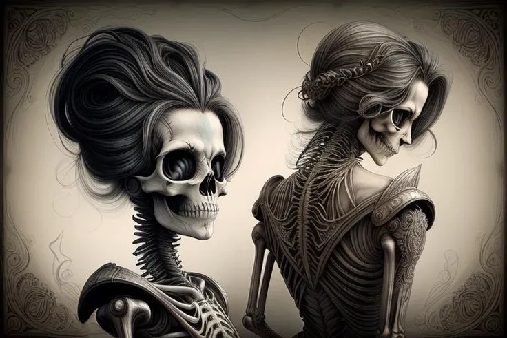 A digital painting of a skeleton whose hairstyle is a fusion of its locks with Art Nouveau elements. The hair should be a complex network of curls and swirls with a monochromatic brown palette, including inner patterns that give it a metallic or carved texture. Her face should be realistic with full lips, pronounced cheekbones, and dramatic eyes. It wears a piece of armor or clothing with a stylized design that complements the intricate details of her hair, in shades of blue and gray. The style should blend realism with ornate stylization.,<lora:Nouveau_last:0.4>,(<lora:surrealismai:0.6> surrealismai),<lora:more_details:0.8>,