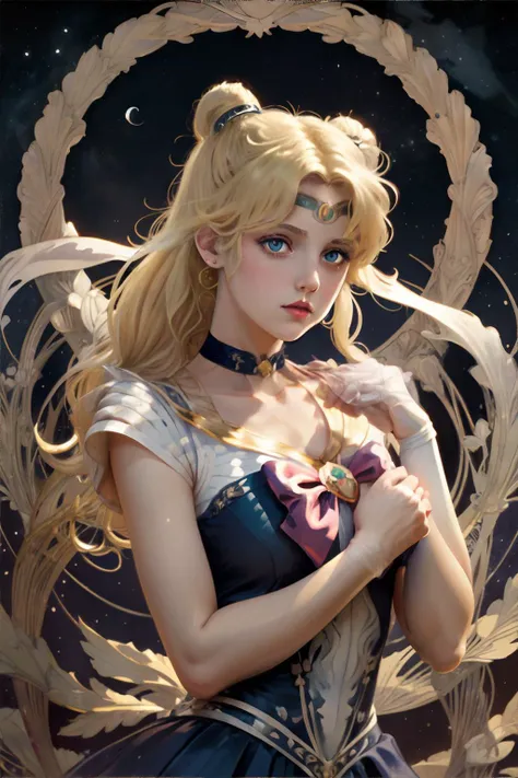 <lora:artnouveau-oosayam:1.5>, <lora:sailormoonpack:0.6>, Art Nouveau Style, sailor_moon, blonde hair, space buns, night sky background || <lora:artnouveau-oosayam:0.2>, Art Nouveau Style, masterpiece, 8k, high resolution, shallow depth of field, sharp focus