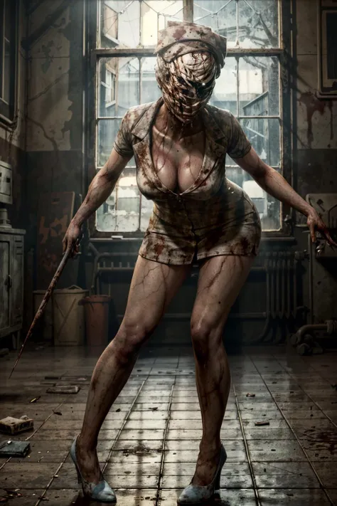 (masterpiece, best quality)
SilentHillNurse, 1girl, solo, looking at viewer, hat, dress, cleavage, medium breasts, standing, full body, faceless female, short sleeves, indoors, high heels, window, blood, leaning forward, nurse cap, tiles, nurse, horror \(theme\)
<lora:epi_noiseoffset2:1> <lora:add_detail:0.7> <lora:SilentHillNurse:1>