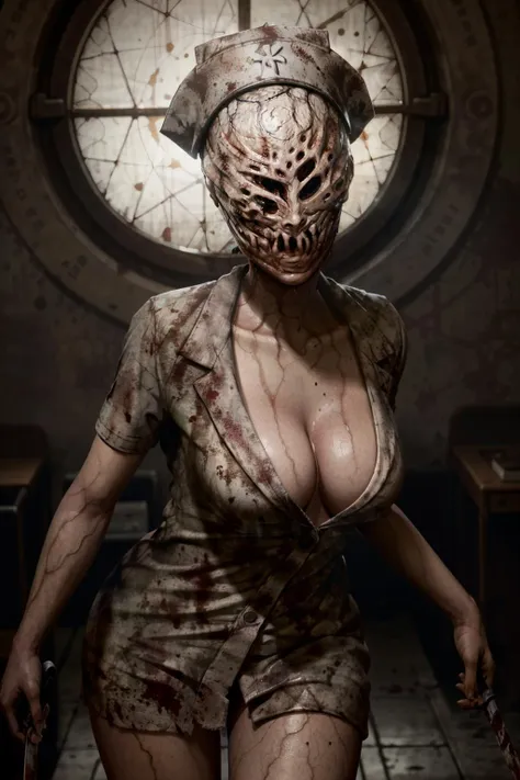 (masterpiece, best quality)
SilentHillNurse, 1girl, solo, looking at viewer, hat, holding, cleavage, standing, weapon, faceless female, holding weapon, blood, leaning forward, facing viewer, 1other, faceless, nurse cap, stitches, no eyes, horror \(theme\)
<lora:epi_noiseoffset2:1>  <lora:add_detail:0.7>   <lora:SilentHillNurse:1>
