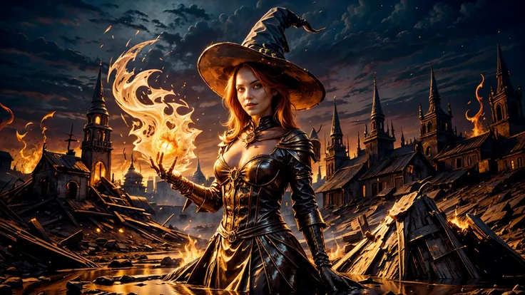 (witch magician girl FireFull:1.2), (young), fire skin, flames, (lava), close-up portrait, (standing), happy smiling, (bright red fire:1.2), red eyes, red lips, (skeletons many skulls:1.2), city ruins, city buildings destroyed, houses burning, (very detailed), best quality, smoke, ashes, dump, trash, tombs, crosses, graveyard, (fire explosions, dirty puddle, mud, sharp focus, grey sky, natural light, golden hour, backlight, shadows, high contrast, hdr, reflections, <lora:Detail Tweaker LoRA add_detail:0.7> <lora:depth_of_field_slider_v1:5> <lora:SDXLrender_v2.0:0.9> <lora:FireElement_concept:0.5> <lora:RPGFireElemental:0.2> <lora:RPGWitch:0.2> <lora:magician_beta_1:0.4> , using fire spell dark magic, ((magic in hand))
