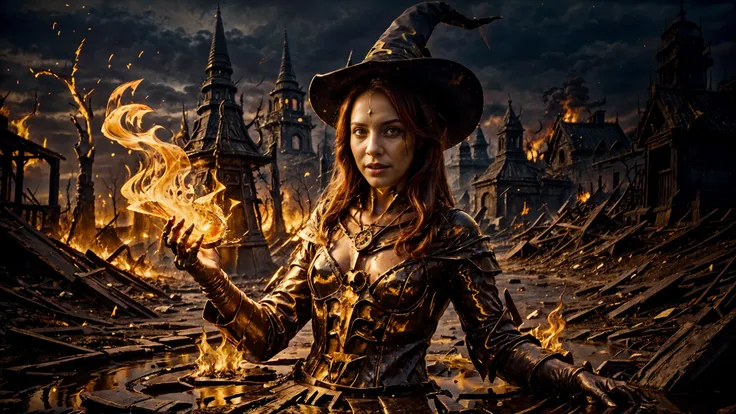 (witch magician girl FireFull:1.2), (young), fire skin, flames, (lava), close-up portrait, (standing), happy smiling, (bright red fire:1.2), red eyes, red lips, (skeletons many skulls:1.2), city ruins, city buildings destroyed, houses burning, (very detailed), best quality, smoke, ashes, dump, trash, tombs, crosses, graveyard, (fire explosions, dirty puddle, mud, sharp focus, grey sky, natural light, golden hour, backlight, shadows, high contrast, hdr, reflections, <lora:Detail Tweaker LoRA add_detail:0.7> <lora:depth_of_field_slider_v1:5> <lora:SDXLrender_v2.0:0.9> <lora:FireElement_concept:0.5> <lora:RPGFireElemental:0.2> <lora:RPGWitch:0.2> <lora:magician_beta_1:0.4> , using fire spell dark magic, ((magic in hand))