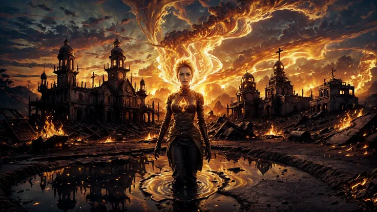 (fire elemental girl FireFull:1.2) , (yellow skin, fire skin:1.2), flames, (lava), close-up portrait, (standing), (fire), skeletons, phantoms, evil laught, (apocalyptic desolated urban fantasy landscape), city ruins, city buildings destroyed, war, houses burning, (very detailed), best quality, extermination, destruction, skulls, smoke, ashes, dump, trash, cars in fire, fallout, many tombs, many crosses, graveyard cemetery, (fire explosions, fire bombs, radioactivity, radiation, sand, dirty puddle, mud, sharp focus, grey sky, natural light, (golden hour), backlight, shadows, high contrast, hdr, reflections, ugly, <lora:Detail Tweaker LoRA add_detail:0.7> <lora:depth_of_field_slider_v1:5> <lora:SDXLrender_v2.0:0.9> <lora:FireElement_concept:0.7>