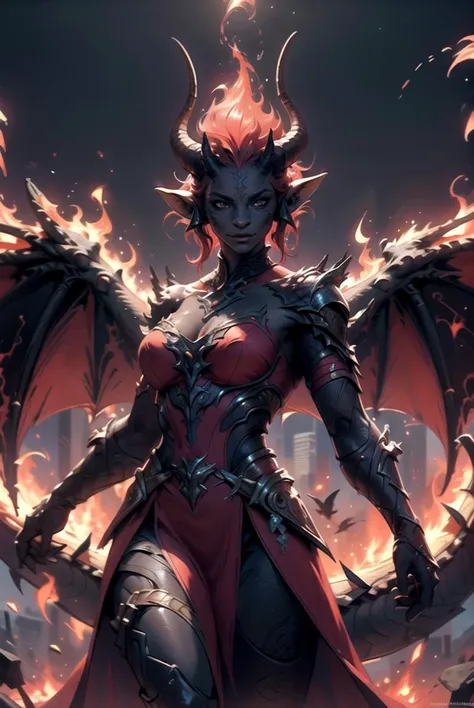 (masterpiece, best quality, highres), (solo girl dragonborn), intricate horns, (fire dark skin:1.1), elven ears, dragon wings, (smile:0.6), octane render, red dress, , <lora:deamonXP_v1.1-000015:0.5>, <lora:dragonborn_offset:0.5>, <lora:FireElement_concept-20:0.5>