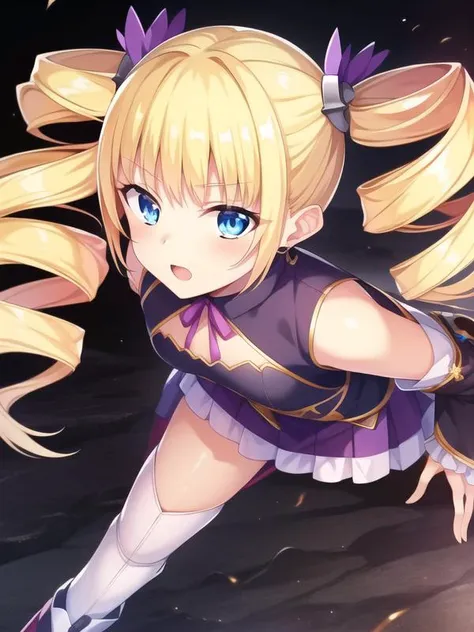 (hyper extreme detailed),(masterpeace),(hyper extreme),(photorealistic),CG,(colour:1.2), beautiful lighting,light from the front, solo, rating:safe,<lora:karin:1>,karin,blond hair,twintails,drill hair,blue eyes,hair_ornament,puple short dress,puple miniskirt, sleeveless,wide_sleeves,white_legwear,boots,