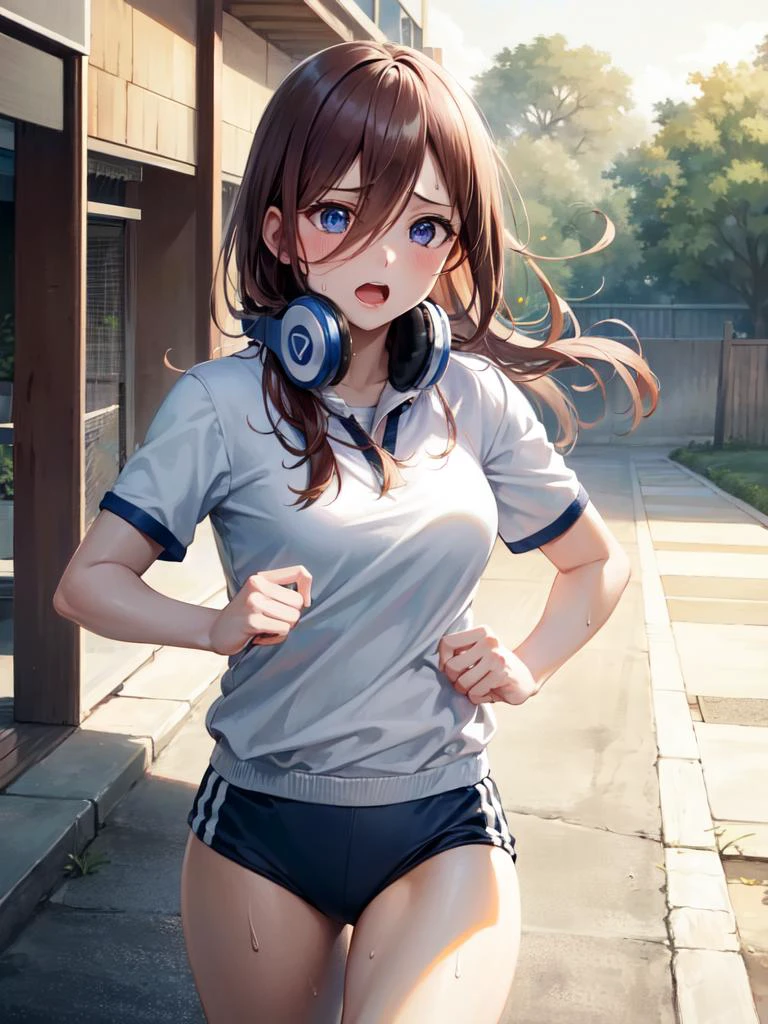(masterpiece), (best quality), ultra high res, professional artwork, ultra detailed, intricate, detailed face, perfect lighting, 1girl, <lora:nakano_miku_v10:0.7>, nm1, headphones around neck, gym uniform, buruma, day, outdoors, track, running, jogging, sweat, sweatdrop, large breasts, open mouth, cowboy shot, far shot