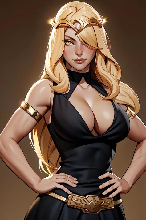 masterpiece, best quality,3d rending work ,3DMM style <lora:3DMM_V11:0.8>,close-up,portrait, 3D,1girl, solo, realistic, upper body, simple background, ch3rryg1g <lora:sxz-cherry-gig-new:0.5>, queen marika, standing, plunging neckline, armlet, large breasts, cleavage, yellow eyes, dress, circlet, blonde hair, black dress, hand on hip, bare shoulders, long hair, 1girl, closed mouth, hair over one eye, <lora:queen_marika:0.4>