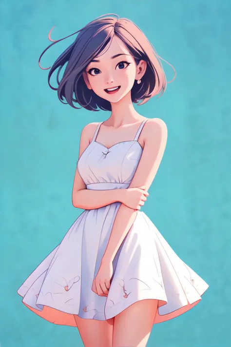 <lora:niji-handdrawnminimalist:0.8>, Showing Excitement woman wearing Sundress, Textured Cut, masterpiece, 8k, high resolution, shallow depth of field, sharp focus