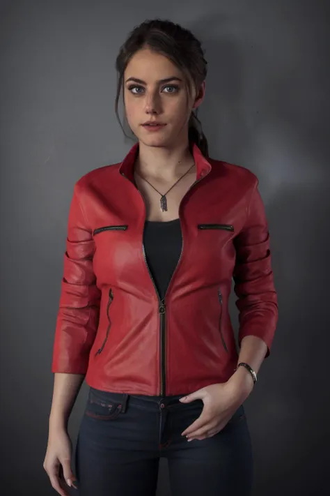 1girl, (realistic),(hyperrealism),(best quality),(masterpiece),(ultra high res),(photorealistic),idol,eye makeup,detailed eyes,detailed face,black dress, posing for a photo, black background, <lora:claireredfield:0.7> claireredfield2, brown hair, (red jacket:1.2), ponytail, (denim pants:1.3),