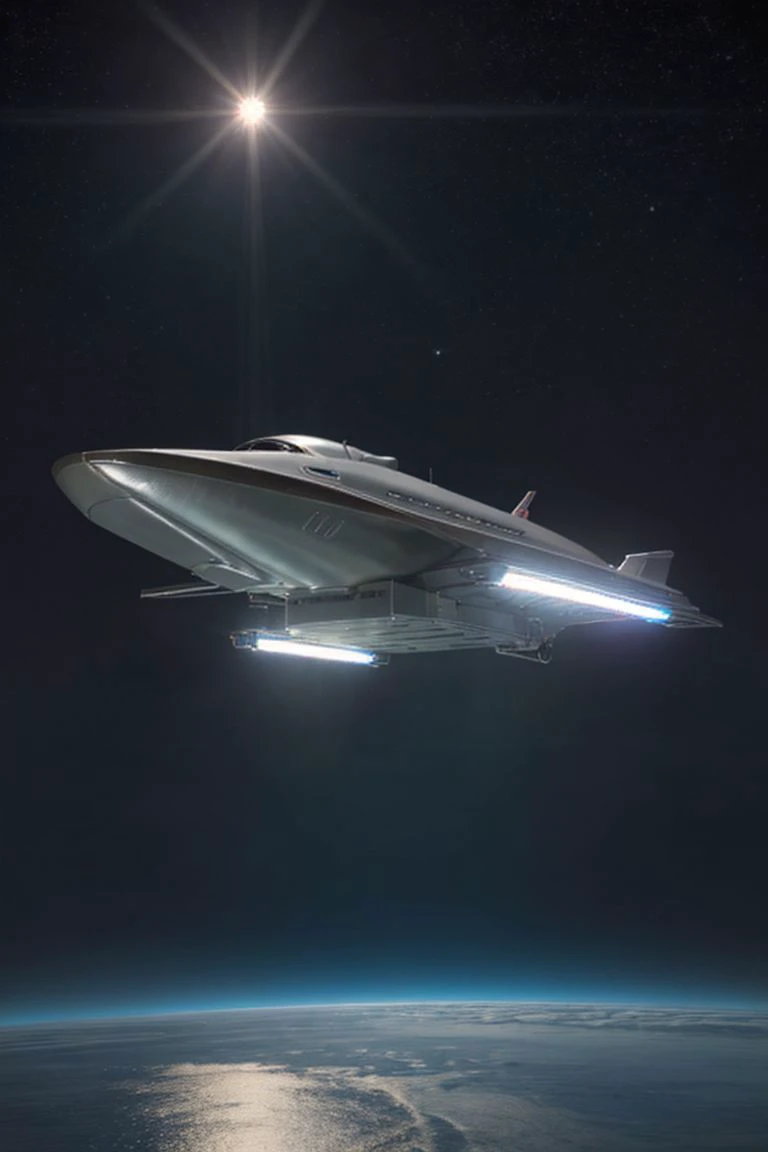 a massive (chromed spaceship with bright lights) traveling at high speeds BREAK
above the ocean surface with clear waters BREAK
at night time, godrays, lens flare, moonlight, intrincate details, sharp focus