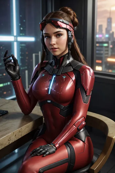 a cyberpunk girl BREAK
wearing a (holo red netrunner suit and visor) BREAK
casually leaning back on a chair BREAK
in a cyberpunk apartment with a large window to a skyline of a city at night BREAK
sharp focus, intrincate details, lens flare, spot lights, very detailed skin, skin pores