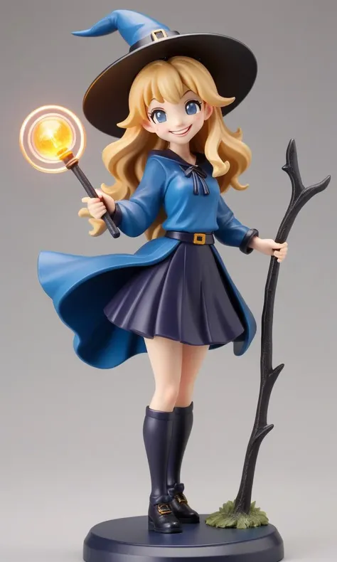 <lora:figurine:1> figurine, 1girl smiling, blonde hair, blue miniskirt witch outfit, holding staff of light, circular plastic base, simple background