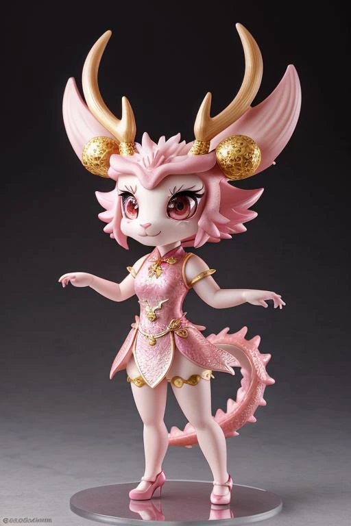 chibi, masterpiece, best quality, original, official art,full body,A cute Chinese dragon, antlers, two hands,Pink dragon scales, standing, anthropomorphic, beautiful light, surreal,blurred background,,<lora:GoodHands-beta2:1>, cartoon rendering,bright light, <lora:figurine:4>figurine