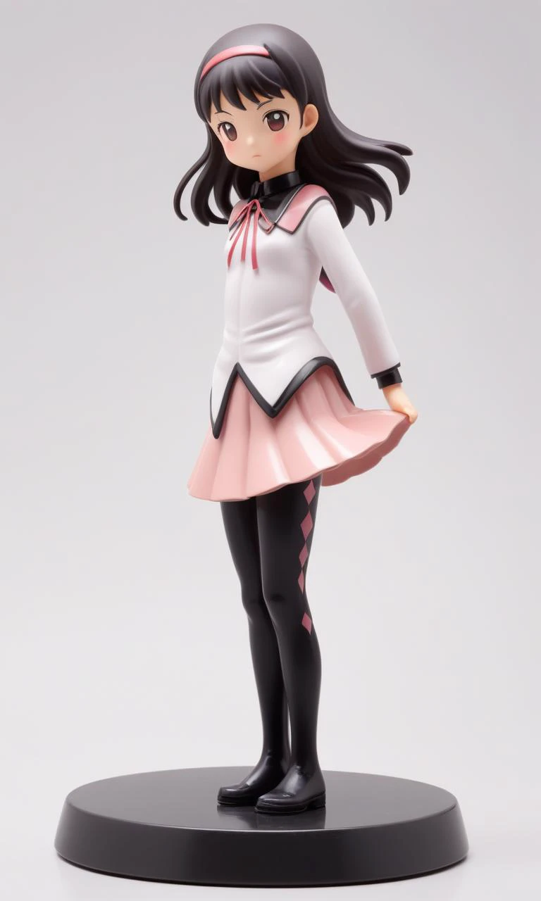 <lora:figurine:1> figurine, 1girl, madoka homura, miniskirt lift, circular plastic base, simple background,  <lora:EnvyCuteSliderXL01:-1>, black pantyhose, white and purple clothes