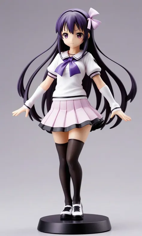 <lora:figurine:1> figurine, 1girl, madoka homura, miniskirt lift, circular plastic base, simple background, <lora:EnvyCuteSliderXL01:-1>, black pantyhose, white and purple clothes