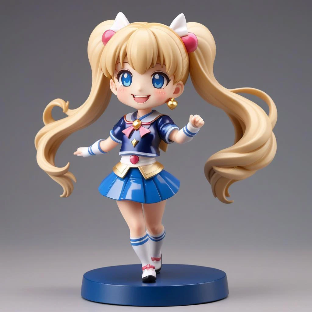 <lora:figurine:1> figurine, 1girl smiling, blonde hair, blue miniskirt magical girl outfit, circular plastic base, simple background