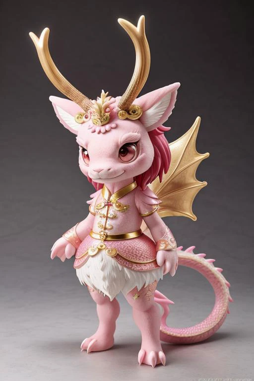 chibi, masterpiece, best quality, original, official art,full body,A cute Chinese dragon, antlers, two hands,Pink dragon scales, standing, anthropomorphic, beautiful light, surreal,blurred background,,<lora:GoodHands-beta2:1>, cartoon rendering,bright light, <lora:figurine:4>figurine