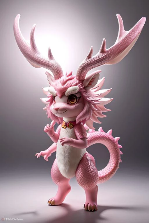 chibi, masterpiece, best quality, original, official art,full body,A cute Chinese dragon, antlers, two hands,Pink dragon scales, standing, anthropomorphic, beautiful light, surreal,blurred background,,<lora:GoodHands-beta2:1>, cartoon rendering,bright light, <lora:figurine:4>figurine