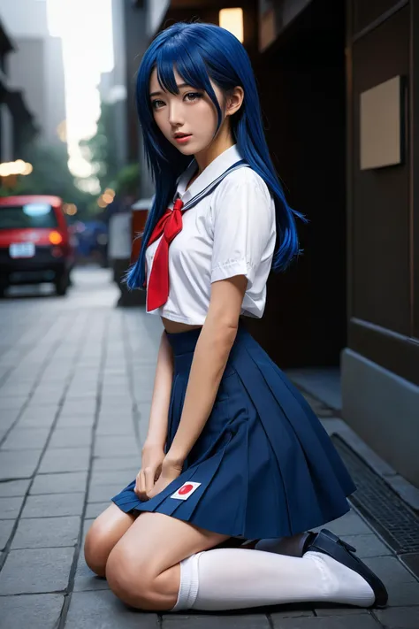 beautiful japanese woman 24 years old, completely blue haired, very long hair, perfect body, slim face, asian eyes, perfect body,broken_school_uniform, white knee socks, white shirt, blue skirt, in street, evening, night, dark time, low light, full body, high detailed background, masterpiece, realistic, RAW style, best quality, highres, 4k, ray tracing, intricate details, highly detailed, sharp focus, <lora:Broken_school_uniform_XL_2_:0.5>