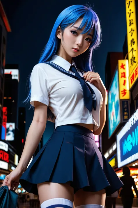 NSFW, beautiful japanese woman 24 years old, completely blue haired, very long hair, perfect body, slim face, asian eyes, perfect body, uncensored, broken_school_uniform, white knee socks, white shirt, blue skirt, in nightclub, night spot, indoors, neon lights, evening, night, dark time, low light, full body, high detailed background, masterpiece, realistic, RAW style, best quality, highres, intricate details, highly detailed, sharp focus, <lora:Broken_school_uniform_XL_2_:0.5>