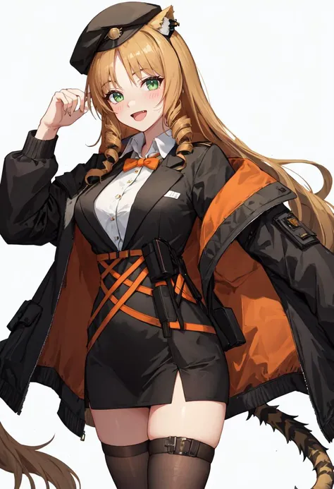 best quality, masterpiece, highres, solo, (swire_arknights:1.10), 1girl, black jacket, black skirt, black thighhighs, collared shirt, long sleeves, looking at viewer, open jacket, white shirt, :d, beret, cowboy shot, neck ribbon, open mouth, orange bowtie, orange ribbon, simple background, white background, blush, brown thighhighs, cropped legs, hand on own hip, hand up, 1 <lora:swire_arknights:0.80>
