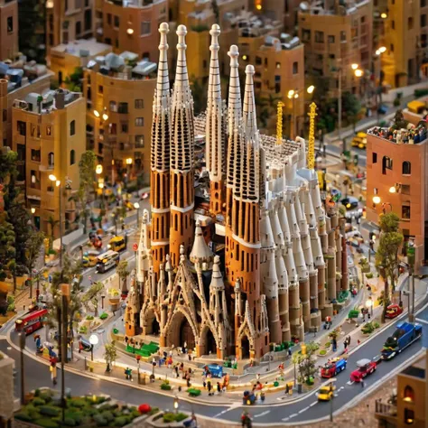 mini\(ttp\), a miniature of a model of bigger lego inside a within ((La Sagrada Familia in Barcelona)), Baslica i Temple surrounded by low apartments, evening time, street lights on, lights in every house, Antoni Gaud, crowds and cars traffic ahead, road with traffic lights and (zebra crossing), (8k, RAW photo, best quality, masterpiece:1.2), landscape, miniature of Tanaka Tatsuya, close-up, landscape, isometric, incredibly detailed, a microscopic photo, Leica Macro-Adapter, photorealism, <lora:Microverse_Creator_sdxl:1.1>