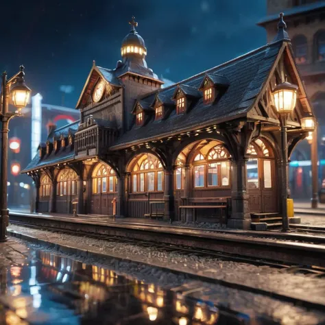 medieval epic trainstation, ultra detailed, bokeh, reflections, neon, at night <lora:MicroverseCreator-Ciro_Negrogni:1>