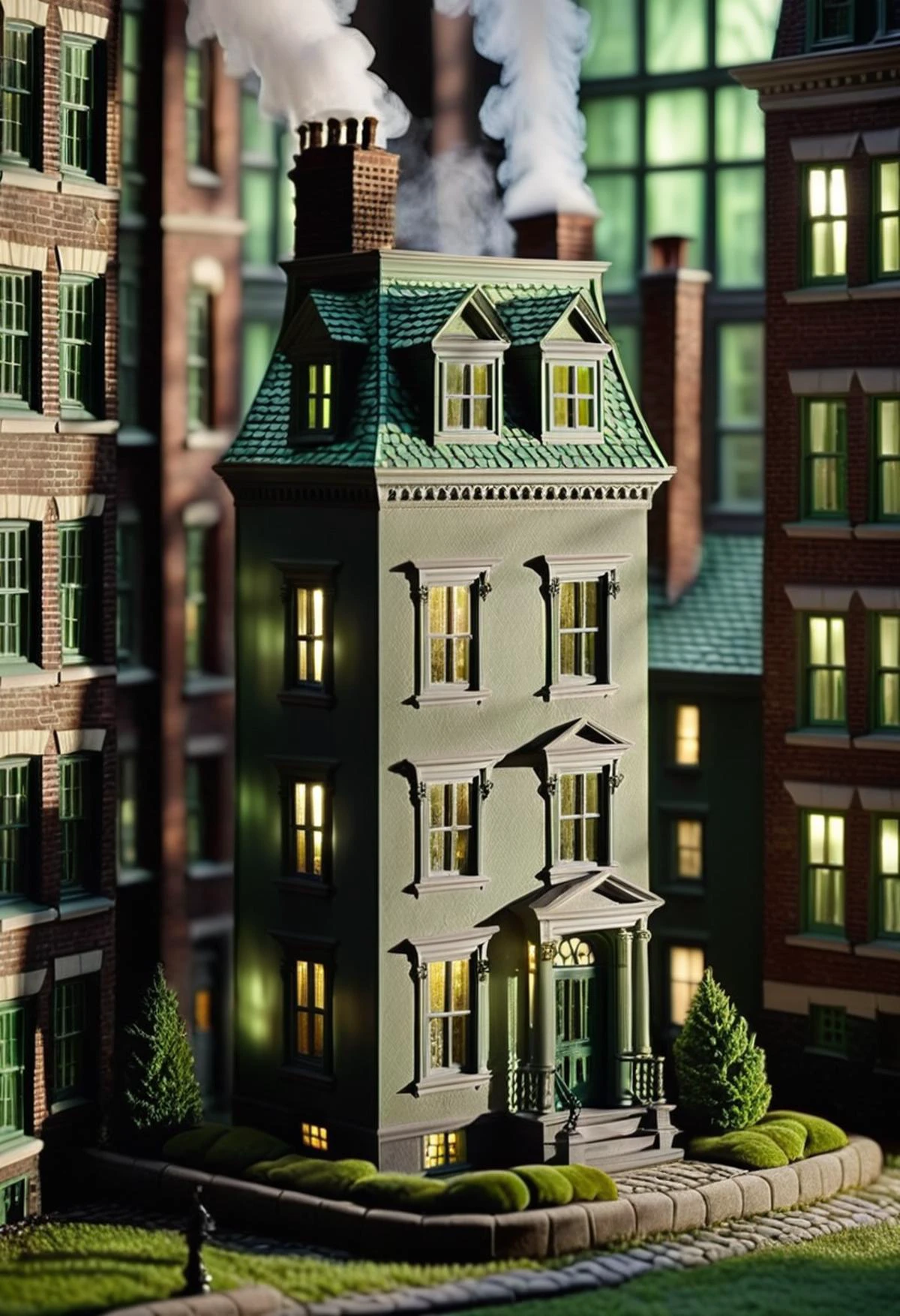 cinematic photo in a surreal world, a miniature of a house enters the heart of a humble boston houses. The facade of the house is painted in shades of grey and green, and its windows are tinted with grimy light. Steam rises from the chimney, , 35mm photograph, film, bokeh, professional, 4k, highly detailed,