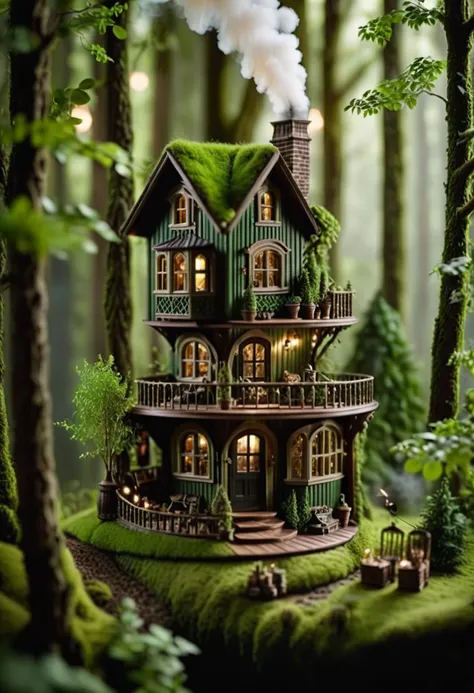 cinematic photo in the heart of a lush, green landscape, an eclectic miniature house comes to life. Inside it is a unique sight - a cozy little cabin nestled within a towering tree. Its walls are made of dark wood and smoke rises from its chimney. , 35mm photograph, film, bokeh, professional, 4k, highly detailed,