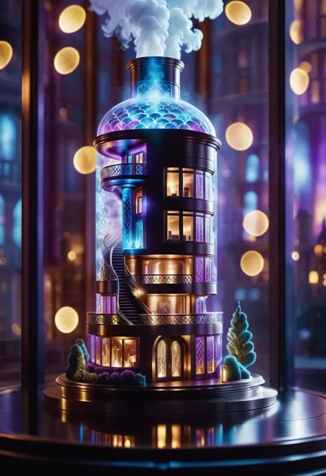 cinematic photo in a futuristic world, a miniature of a house inside a grand aromastack sits. The walls are made of shimmering glass and have intricate patterns that seem to come alive inside the windows. Steam rises from its chimney as it consumes everything within it. , 35mm photograph, film, bokeh, professional, 4k, highly detailed,