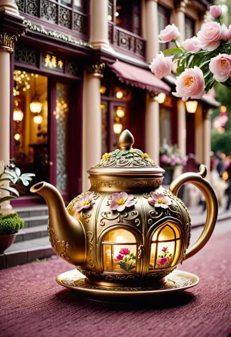 cinematic photo in the heart of a bustling city, a quaint teapot houses looms inside its exterior. The house is decorated with intricate floral patterns and intricate details, but it is no ordinary building. , 35mm photograph, film, bokeh, professional, 4k, highly detailed,