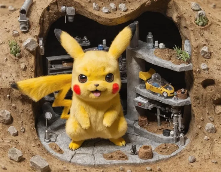 detailed, (cross-section, miniature model:1.2) of a Pikachu (warren:1.2), several tiny pikachus (underground), <lora:warren_0002_sdxl:1> , <lora:add-detail-xl:1>, <lora:Microverse_Creator_sdxl:1>, , incredibly detailed, a microscopic photo, photorealism, <lora:pikachu:0.35>,