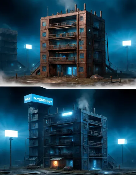 microverse Silent Hill township built inside the remains of the galaxy coloured playstation 2 console with blue vertical stand it towers like a high rise building, with rising fog, deep shadows & unforgettable music i am finally... home. RAW lighting, sight beautiful, crisp, detailed, ultra detailed, intricate, complex, incredibly detailed, microscopic photo, photorealism <lora:sd_xl_offset_example-lora_1.0:1> <lora:add-detail-xl:1.3><lora:Microverse_Creator_sdxl:1.0>