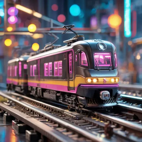 (zoomed out:1.1), miniature, cyberpunk train on rails, ultra detailed, bokeh, reflections, neon <lora:MicroverseCreator-Ciro_Negrogni:1>