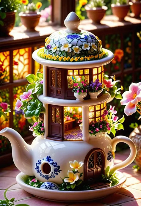cinematic photo Inside a cozy teapot house, the image depicts a majestic garden filled with colorful flowers and vines. The interior of the house is made entirely of porcelain tiles, with steam rising from its sides as it simmers in response to an unseen gasp. , 35mm photograph, film, bokeh, professional, 4k, highly detailed,
