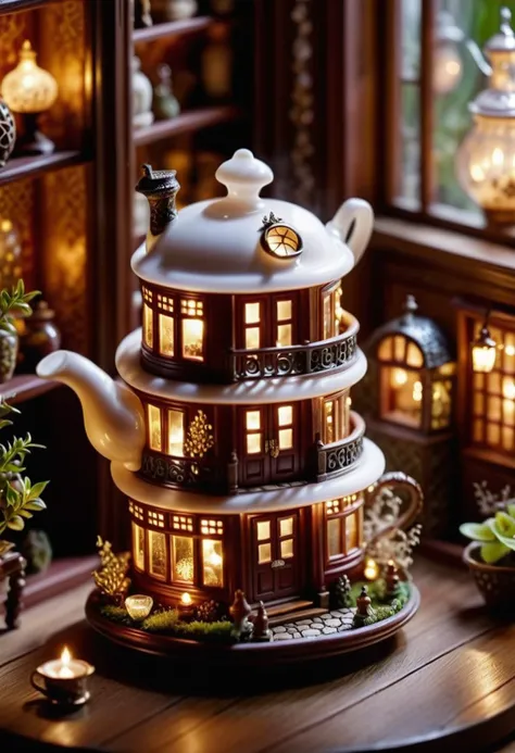 cinematic photo In a cozy teapot house, a miniature model of a miniature house inside is adorned with intricate details. Inside the door, a steamy microcosm made entirely of porcelain and glass fills the room. , 35mm photograph, film, bokeh, professional, 4k, highly detailed,