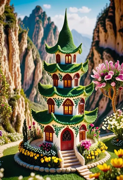cinematic photo in a surreal landscape, a miniature house inside a A Hangnam needle twists and turns, its exterior painted with intricate designs of flowers. The structure is made up of two rabassa-shaped animals, , 35mm photograph, film, bokeh, professional, 4k, highly detailed,