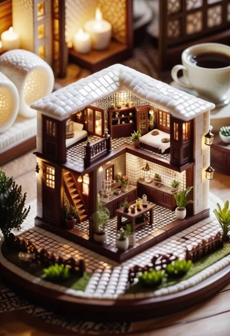 cinematic photo in a cozy living room, a miniature house inside a cozy smoothie houses a steamy microcosm. The walls are made of fluffy white tiles and have intricate patterns that seem to dance across the floor. A wooden coffee table sits in front of the building, , 35mm photograph, film, bokeh, professional, 4k, highly detailed,