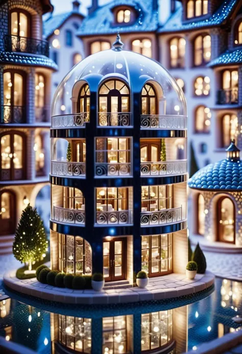 cinematic photo in a whimsical world where houses are made of glass and steel, a miniature house inside prosecco takes shape. The exterior is made of shiny porcelain tiles, and the walls are filled with intricate details like windows and doors that seem to glow from within. , 35mm photograph, film, bokeh, professional, 4k, highly detailed,