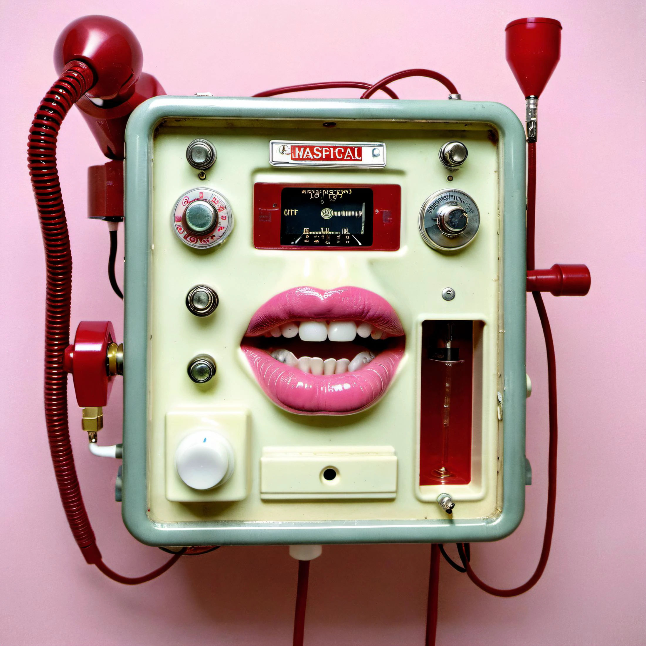 8k (zoomed-out:1.5) photography, A massive detailed interior <lora:Microverse_Creator_sdxl:1.1> warehouse industrial factory retro-future medical machines, housed inside a microverse minimalist plastic retro toy pvc housing machine head with big sexy lips and soft pink tongue, lots of drool, medical devices with drink dispenser on (bottom leaking multicolored foamy slime:1.1) inside giant isometric mouth with dentures, retro electronic toys, vintage hospital equipment machine, off-white cream discolored plastic, worn scratched surfaces, translucent plastic component with button keypad and microphone, red curly telephone cable, masterpiece, photographic surrealism, real aged plastic, <lora:Grit-SDXL:0.7> grit, <lora:Isometric Cutaway:0.8> , <lora:LeParc_AI_LoRA_XL_v2.1-000020:0.4> stripes, alchemy, medical machinery, <lora:wegg:0.8>