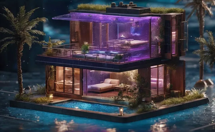 a miniature of a model of a mansion with a pool, under water, the promise of life unfolds in a microscopic realm, palm trees, beach. 
water caustics, deep blue water.
incredibly detailed, a microscopic photo, photorealism, insane detail, 4k, wallpaper, sharp focus.
(night sky), (stars), sci-fi, cyberpunk, cyberpunk city, fog, depth of field, neon lights, red neon lights, purple neon lights, blue neon lights, rain, masterpiece, detailed face, detailed background, extremely detailed cityscape background.
award winning photo,nikon RAW photo,8k, Fujifilm XT3,masterpiece, best quality, realistic, photorealistic, ultra detailed, raw photo.
<lora:add-detail-xl:2.2>
<lora:Microverse_Creator_sdxl:1.0>