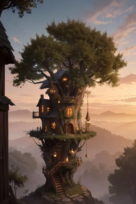 valley, fairytale treehouse village covered, , matte painting, highly detailed, dynamic lighting, cinematic, realism, realistic, photo real, sunset, detailed, high contrast, denoised, centered, michael whelan, <lora:microverse_creator:0.6>