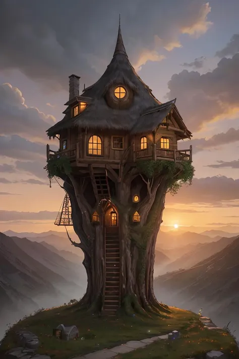 valley, fairytale treehouse village covered, , matte painting, highly detailed, dynamic lighting, cinematic, realism, realistic, photo real, sunset, detailed, high contrast, denoised, centered, michael whelan, <lora:microverse_creator:0.6>