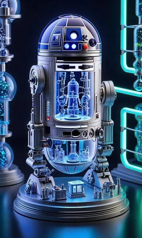 R2D2 opened in front, with a microverse miniature of a model of a laboratory inside, neon lights, extremely detailed, a microscopic photo, photorealistic, <lora:sdxl:0.7>, <lora:Surreal Harmony:1>