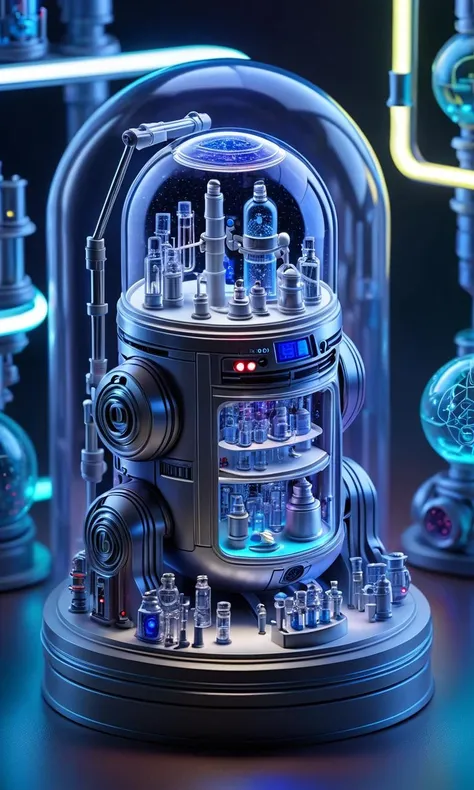 R2D2 opened in front, with a microverse miniature of a model of a laboratory inside, neon lights, extremely detailed, a microscopic photo, photorealistic, <lora:sdxl:0.7>, <lora:Surreal Harmony:1>