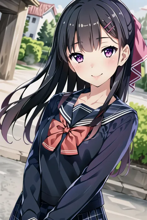 (masterpiece), best quality, high resolution, extremely detailed, detailed background, perfect lighting, dynamic angle
outdoors, town,
1girl, smile, <lora:gh_yuzuki:0.8> hhyuzuki, long hair, hairclip, hair bow, serafuku, blue sailor shirt, long sleeves, plaid skirt, upper body