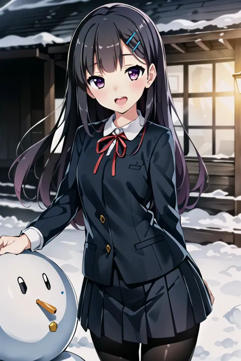 (masterpiece), best quality, high resolution, extremely detailed, detailed background, perfect lighting, dynamic angle
outdoors, snow, snowman,
1girl, happy, open mouth, <lora:gh_yuzuki:1> ccyuzuki, long hair, hairclip, blazer, pleated skirt, pantyhose, cowboy shot