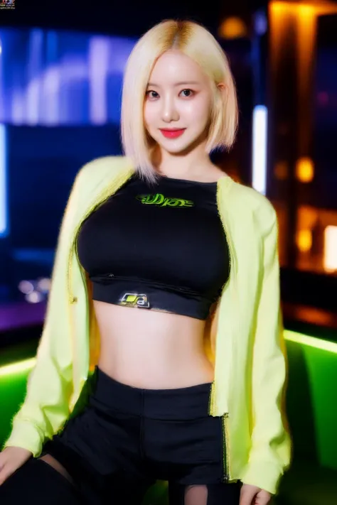 masterpiece,(realistic), highly detailed CG unified 8K wallpapers, (HQ skin:1.2),8k uhd, dslr, high quality, blonde hair, medium-short hair, ((a korean girl in long sleeve crop top, bottom tights yoga pants, sexy body, beautiful face, on a nightclub)), warm smile, dark eyes, beautiful and detailed eyes, (real skin), beautiful skin, attractive, ultra-high resolution, ultra-realistic,high-definition,detailed background, <lora:djsoda:0.85> djsoda