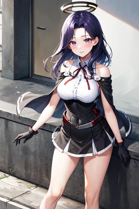 masterpiece, best quality, highres, bbtats, mechanical halo, long hair, large breasts, sleeveless shirt, neck ribbon, capelet, black gloves, black skirt, <lora:tatsuta_(kancolle)_v1:0.7>, cowboy shot, standing, street